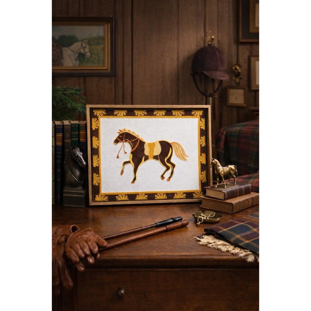 New BP Home Woven Embroidered Textile Wall Art Brown Vintage Western Horse